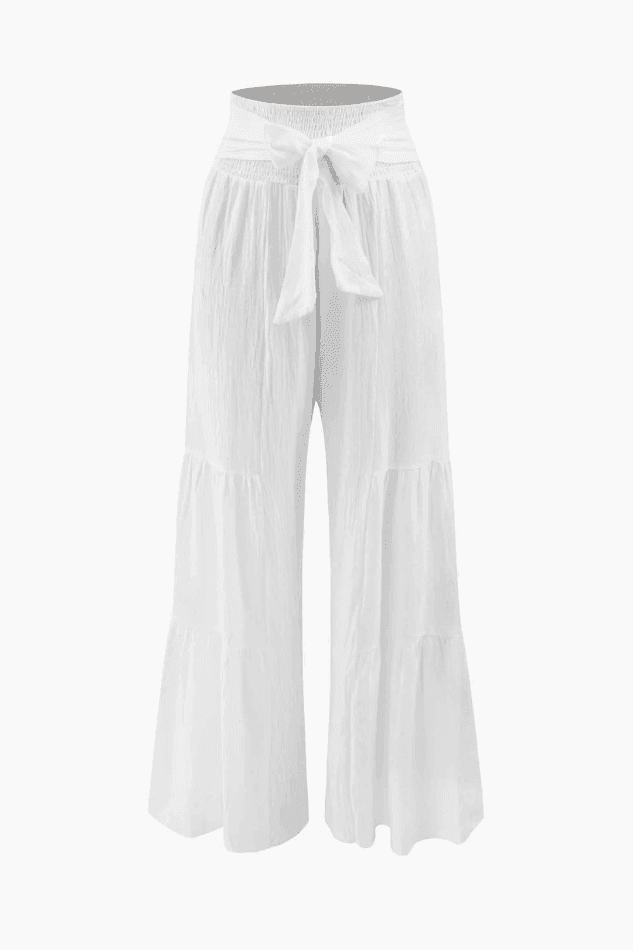 2024 Linen Tie Waist Wide Leg Pants White S in Pants Online Store