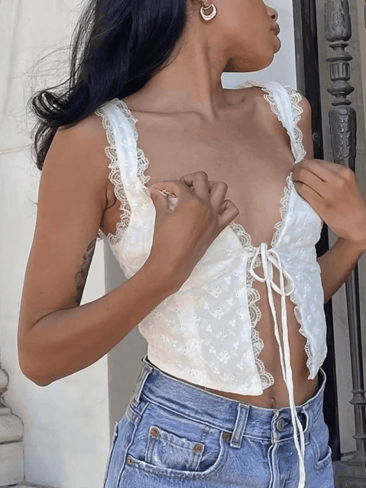 2024 White Tie Front Lace Cropped Tank Top White S In Tank Tops And Camis Online Store 9719