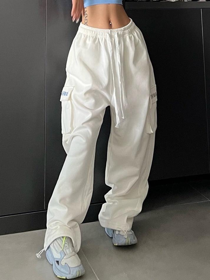 2023 Street Multiple Pocket Bound Feet High Waist Sweatpants White