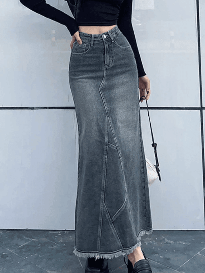 2024 Back Slit Patchwork Long Denim Skirt Blue S in Skirts Online Store ...