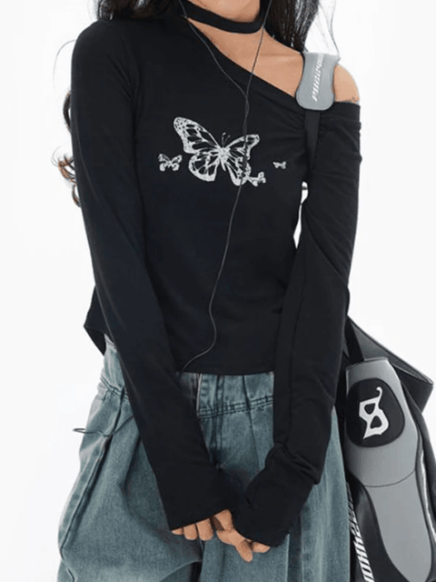 Butterfly Print Slanted Shoulder Long Sleeve Tee - HouseofHalley