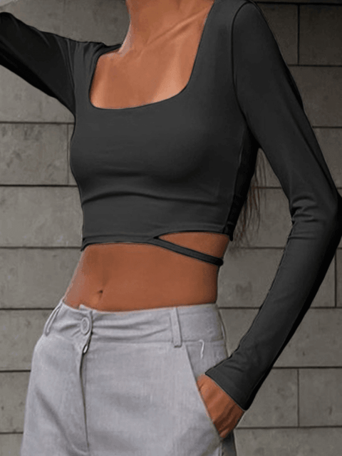 Cutout Square Neck Crop Long Sleeve Tee - HouseofHalley