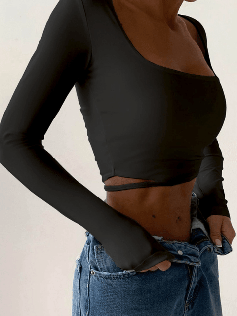 Cutout Square Neck Crop Long Sleeve Tee - HouseofHalley