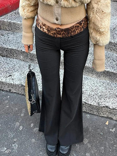 Leopard Splice Elastic Waist Flare Leg Pants - HouseofHalley