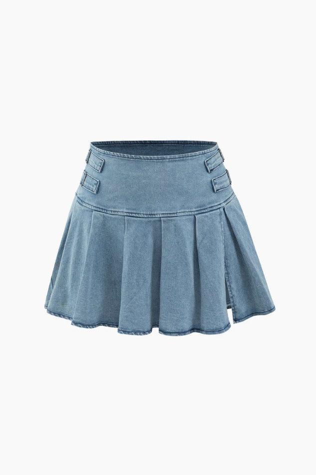 2023 Denim Strapless Top And Pleated Mini Skirt Set Blue M in Two-Piece ...