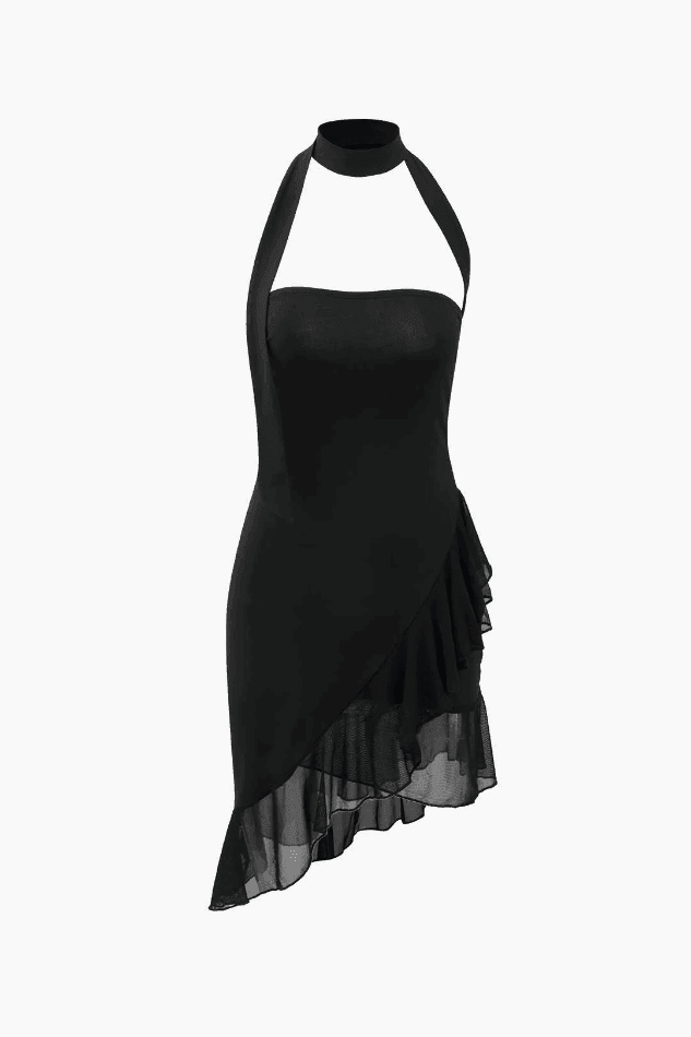 2024 Halter Neck Ruffle Hem Mini Dress Black S in Mini Dresses Online ...