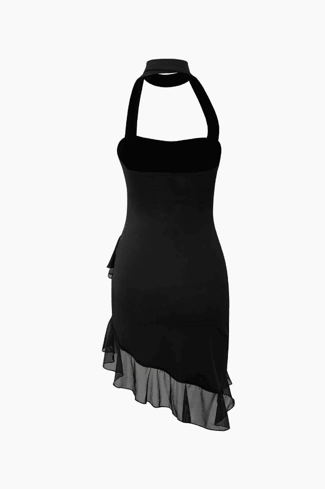 2024 Halter Neck Ruffle Hem Mini Dress Black S in Mini Dresses Online ...
