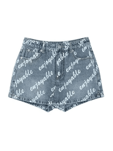 High Waist Letter Print Denim Skirt - HouseofHalley