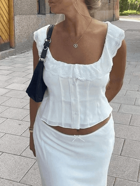 Lace Ruffle Trim White Cropped Tank Top - HouseofHalley