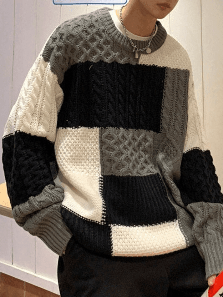 2023 Men's Color Block Cable Knit Sweater Orange XL in Sweaters Online ...