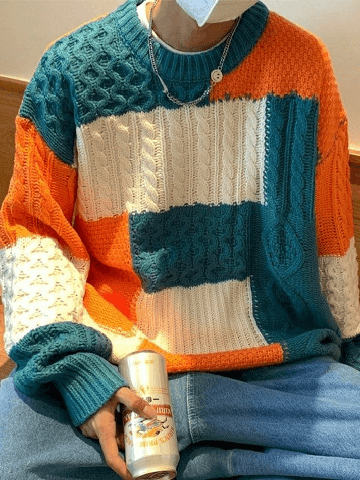 2023 Men's Color Block Cable Knit Sweater Orange XL in Sweaters Online ...