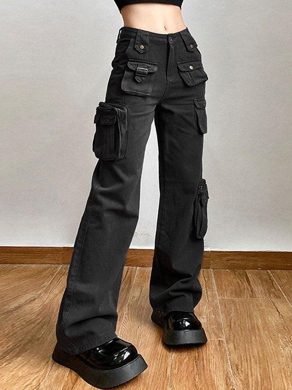 2023 Multi Pockets Straight Leg Cargo Pants Black S in Cargo Pants ...