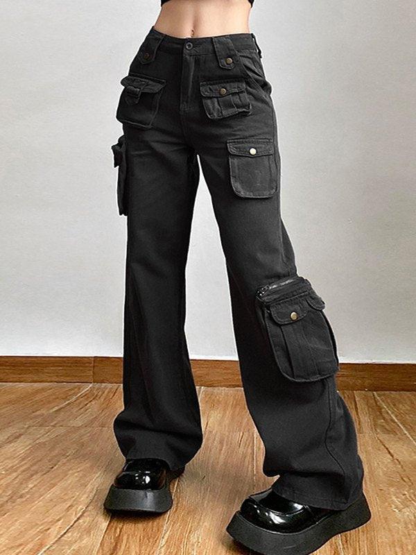 2023 Multi Pockets Straight Leg Cargo Pants Black S in Cargo Pants ...