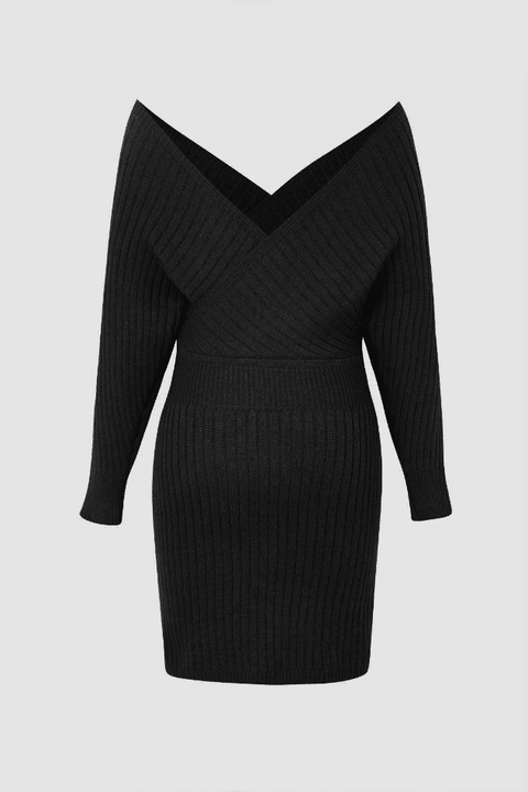 Off Shoulder V-neck Sweater Mini Dress - HouseofHalley