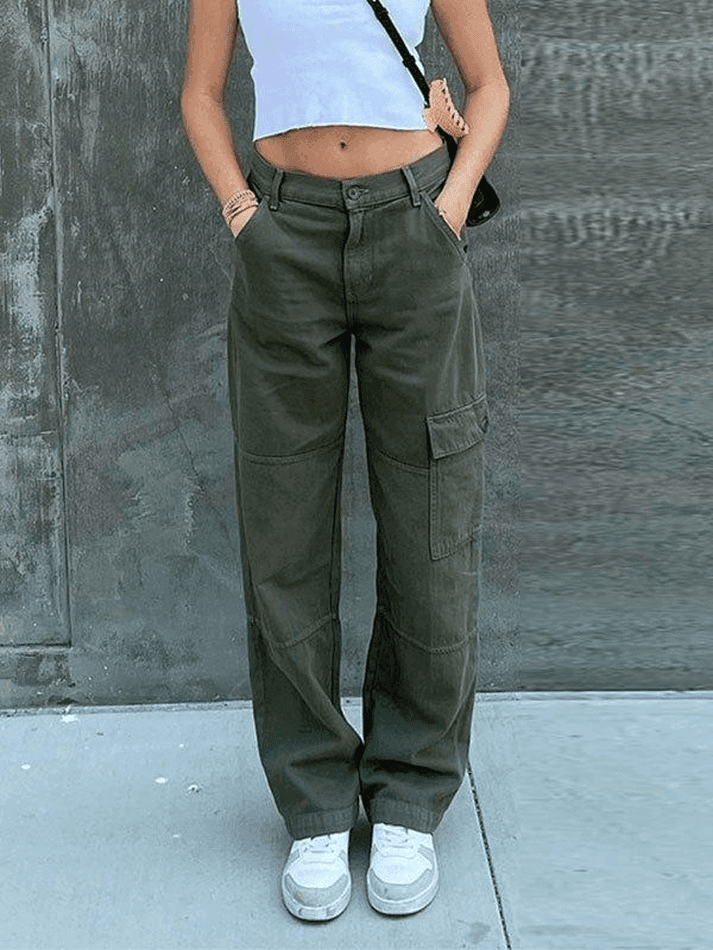 2024 Pocket Patched Straight Cargo Jeans Green S in Jeans Online Store ...