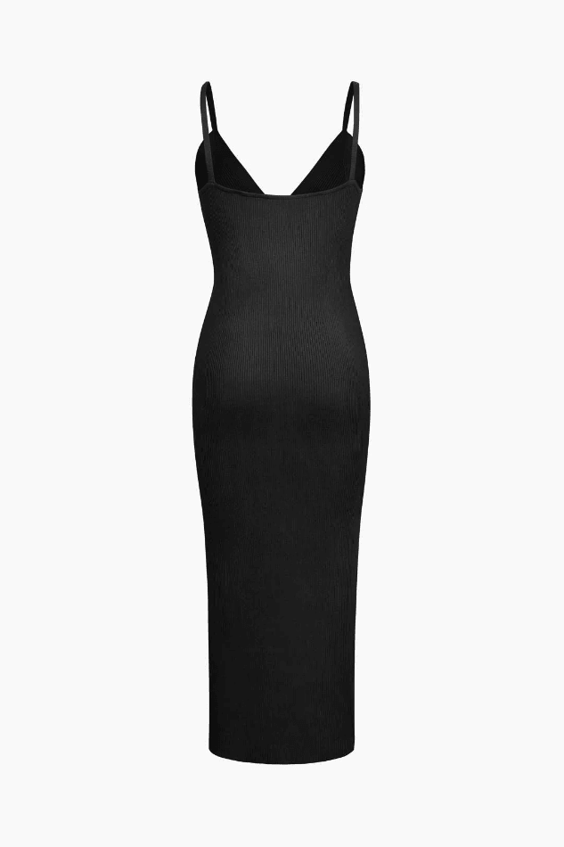 2024 Ribbed V-neck Button Down Cami Midi Dress Black S in Dresses ...