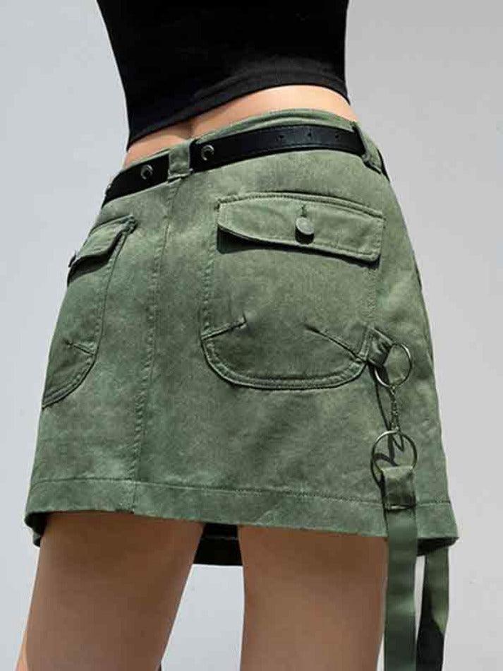 2023 Ribbon Asymmetric Pocket Design Cargo Mini Skirt Green S in Mini ...