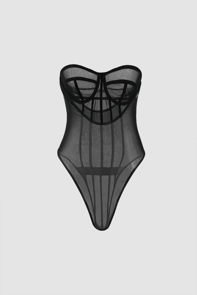 2024 Sheer Mesh Strapless Corset Bodysuit Black S In Bodysuits Online Store 4163