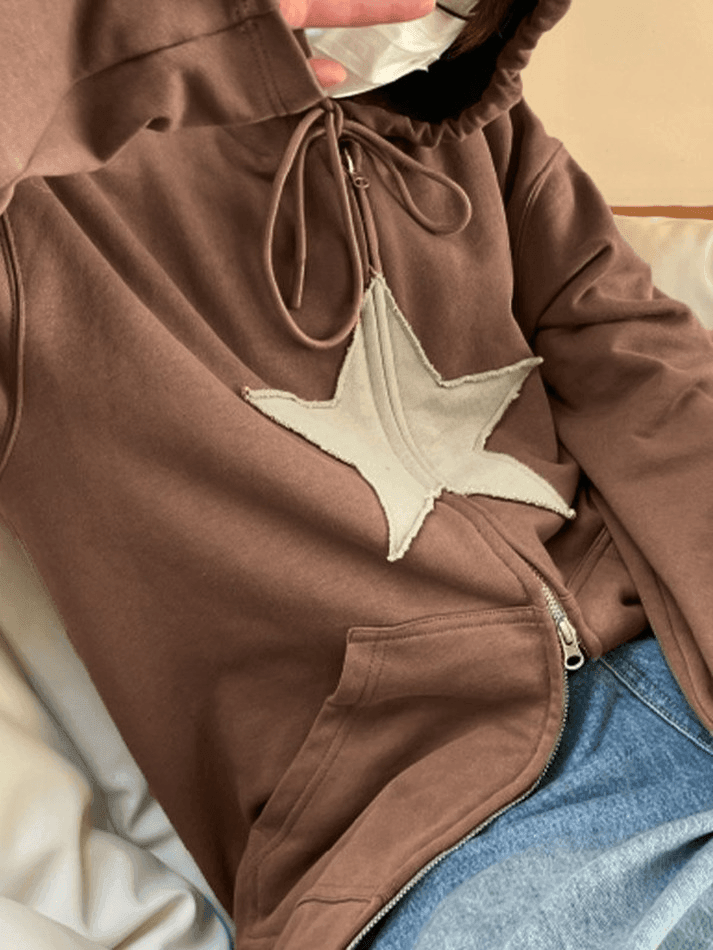 Cincine - Star Patch Contrast Stitch Zip Hoodie