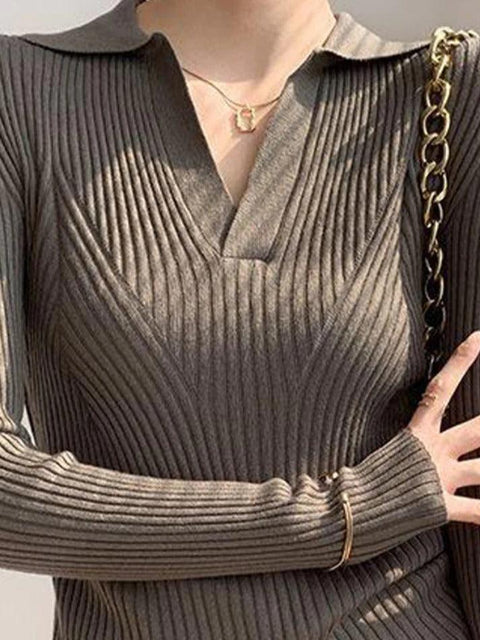 Solid V Neck Ribbed Splice Sweater - HouseofHalley