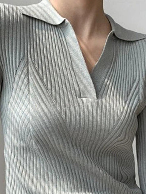 Solid V Neck Ribbed Splice Sweater - HouseofHalley