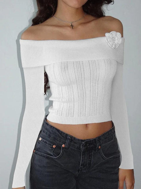 Solid Flower Decor Off Shoulder Sweater - HouseofHalley