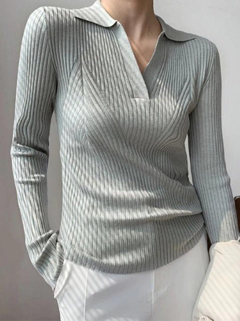 Solid V Neck Ribbed Splice Sweater - HouseofHalley